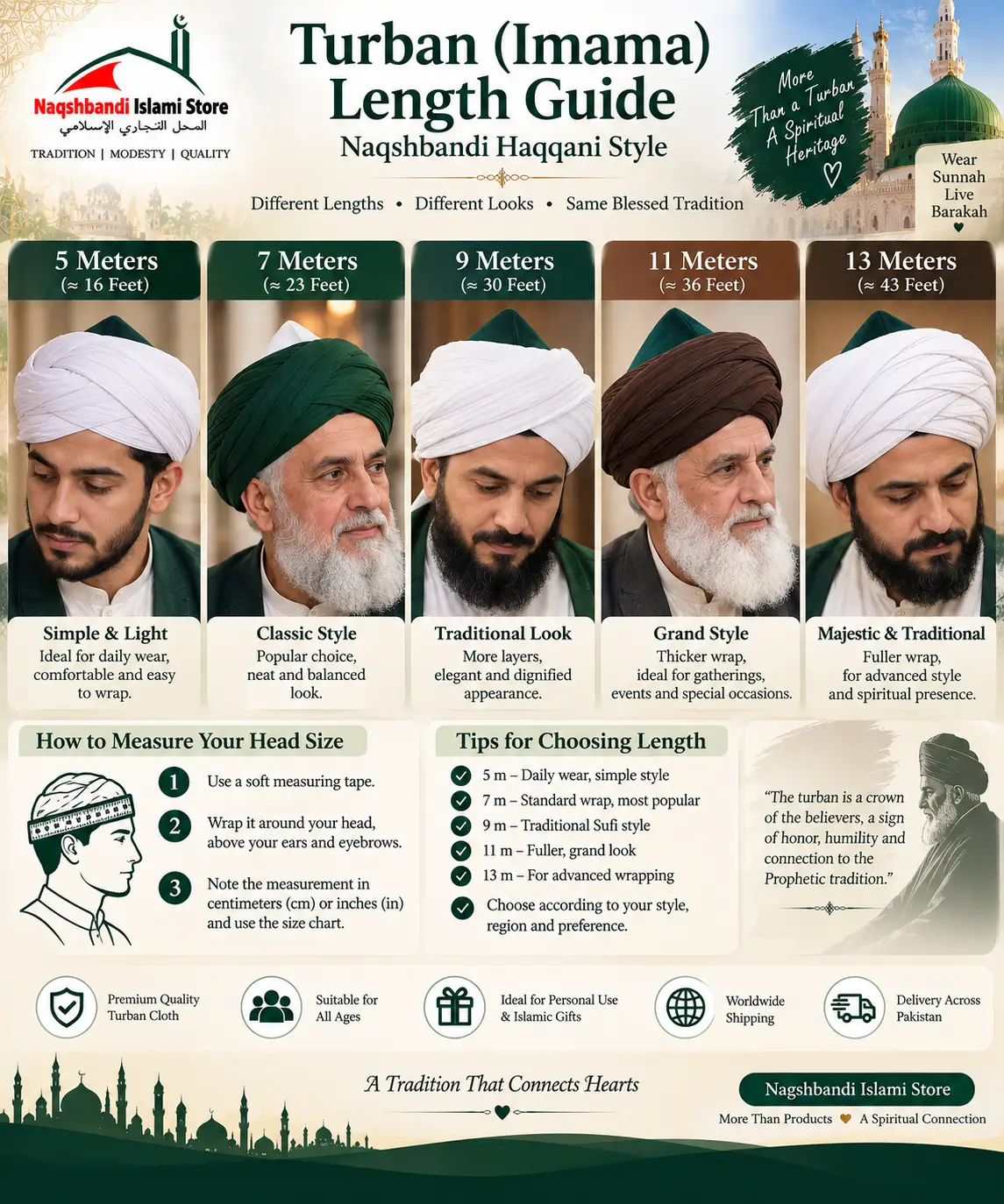 Turban Imama length guide showing 5, 7, 9, 11 and 13 meter Naqshbandi Haqqani style turbans with different wrapping styles and head measurement guidance.